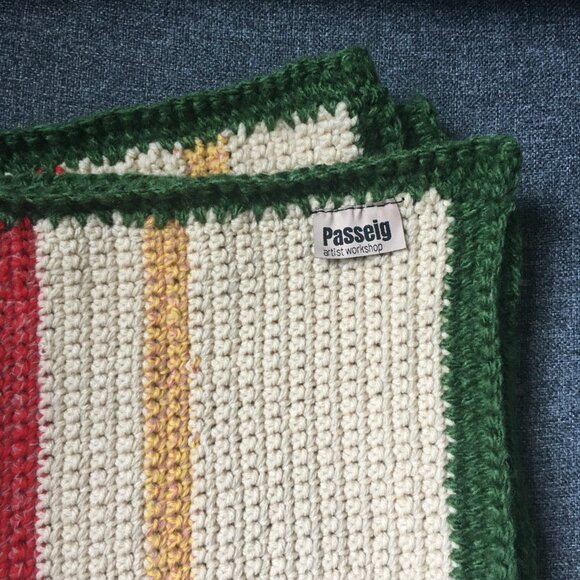 Hand Crocheted Square Cream Yellow Red Green Striped Mat Rug - Picture 4 of 16